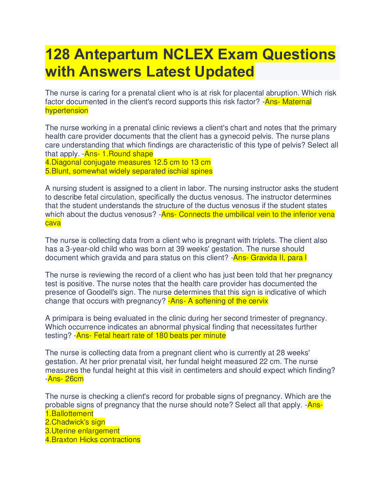 Preview image for 128 Antepartum NCLEX Exam Questions with Answers Latest Updated, Rated A